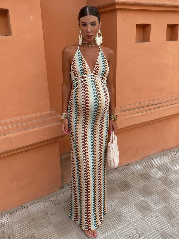 Momyknows Boho Striped Halter Neck Backless Patchwork Crochet Vacation Maternity Maxi Dress
