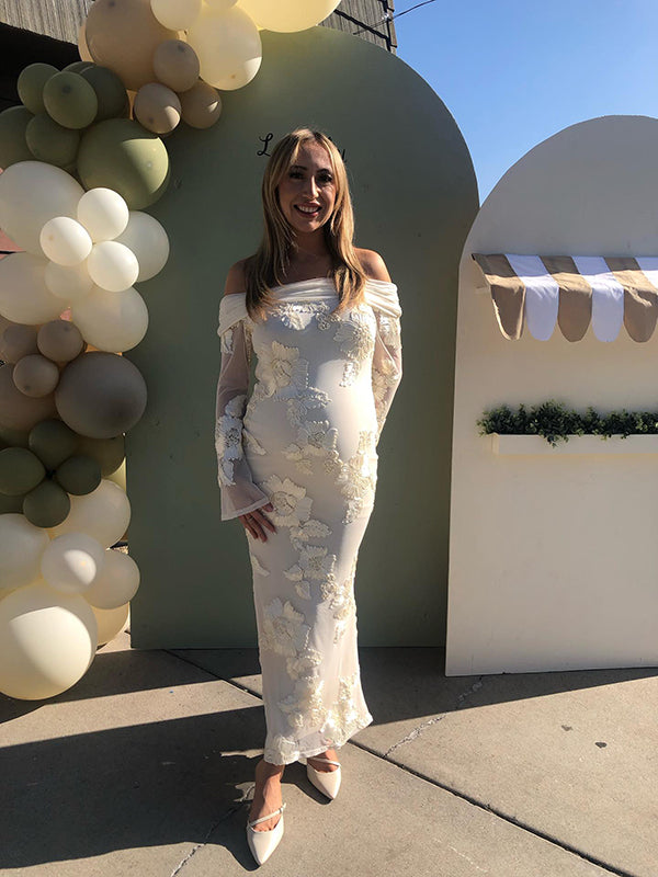 Momyknows Chic Apricot Grenadine Off Shoulder Embroidery Floral Baby Shower Maternity Maxi Dress