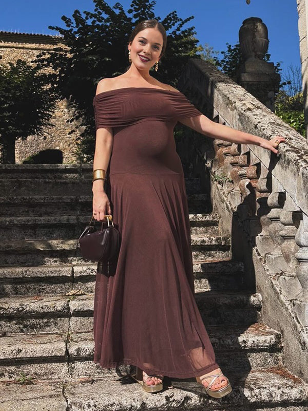 Momyknows Chic Mesh Off Shoulder Draped Cocktail Maternity Maxi Dress
