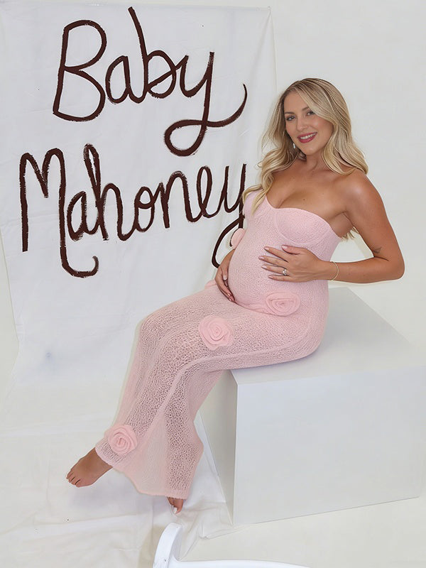 Momyknows Chic Pink Crochet 3D Flowers Bandeau Photoshoot Baby Shower Maternity Maxi Dress