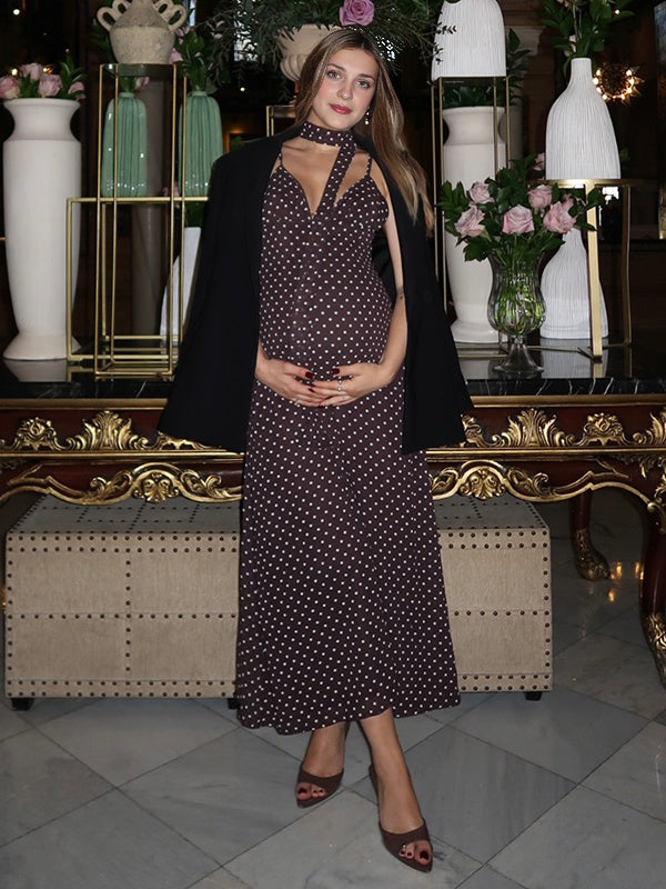 Momyknows Chic Black Polka Dot Ribbons Tie Back Backless Photoshoot Cocktail Maternity Maxi Dress Black / XL Momyknows Chic Black Polka Dot Ribbons Tie Back Backless Photoshoot Cocktail Maternity Maxi Dress Black / XL