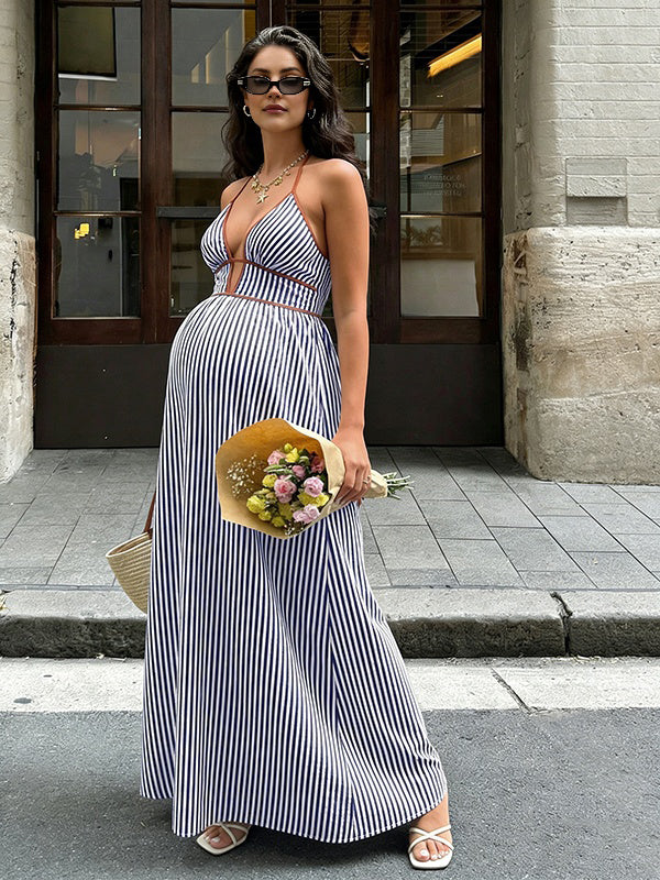 Momyknows Chic Striped A-Line Halter Neck Shirring Spaghetti Straps Vacation Maternity Maxi Dress Royal Blue / S Momyknows Chic Striped A-Line Halter Neck Shirring Spaghetti Straps Vacation Maternity Maxi Dress Royal Blue / S