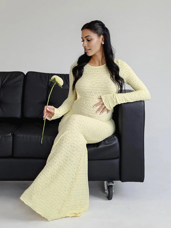 Momyknows Chic Yellow Backless Tie Back Lace Baby Shower Photoshoot Maternity Maxi Dress