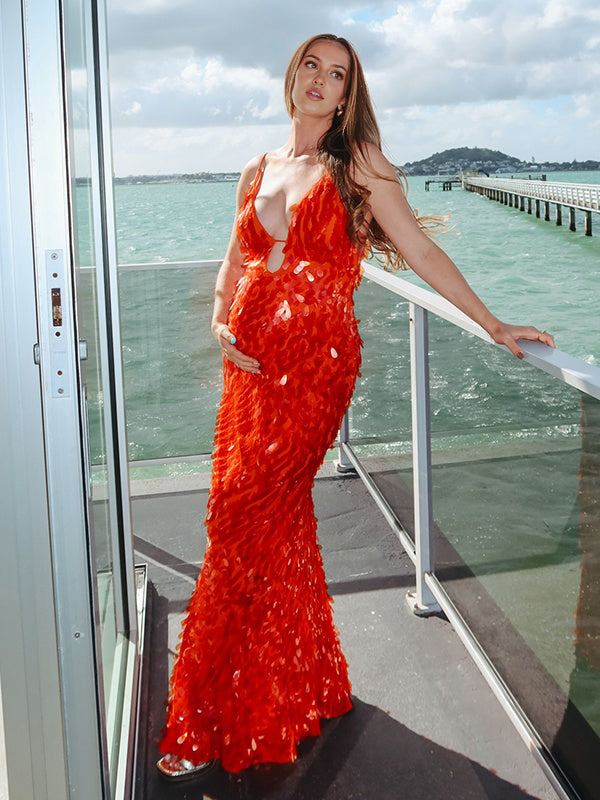 Momyknows Chic Red Sequin Cut Out Spaghetti Straps Bodycon Cocktail Baby Shower Maternity Maxi Dress