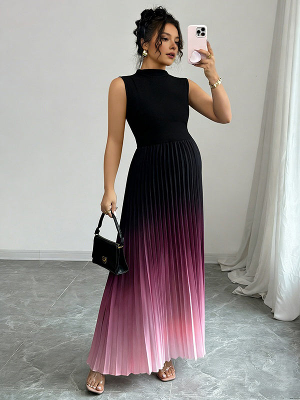 Momyknows Chic Pleated Gradient Color A-Line Baby Shower Cocktail Maternity Maxi Dress