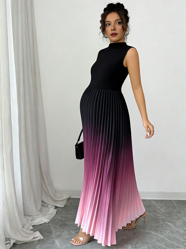 Momyknows Chic Pleated Gradient Color A-Line Baby Shower Cocktail Maternity Maxi Dress Coffee / S Momyknows Chic Pleated Gradient Color A-Line Baby Shower Cocktail Maternity Maxi Dress Coffee / S