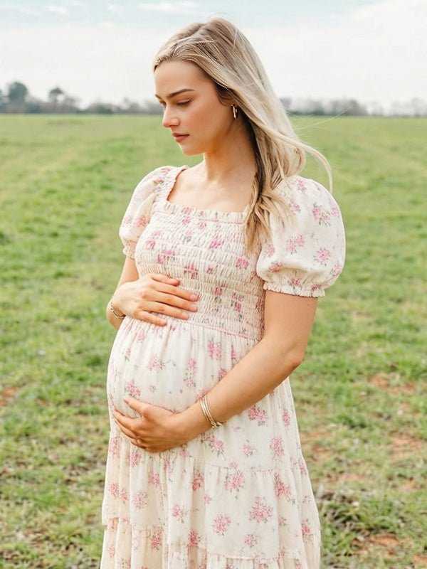 Momyknows Cute Pink Floral Shirring A-Line Ruffle Puff Sleeve Photoshoot Maternity Maxi Dress, Pink / M