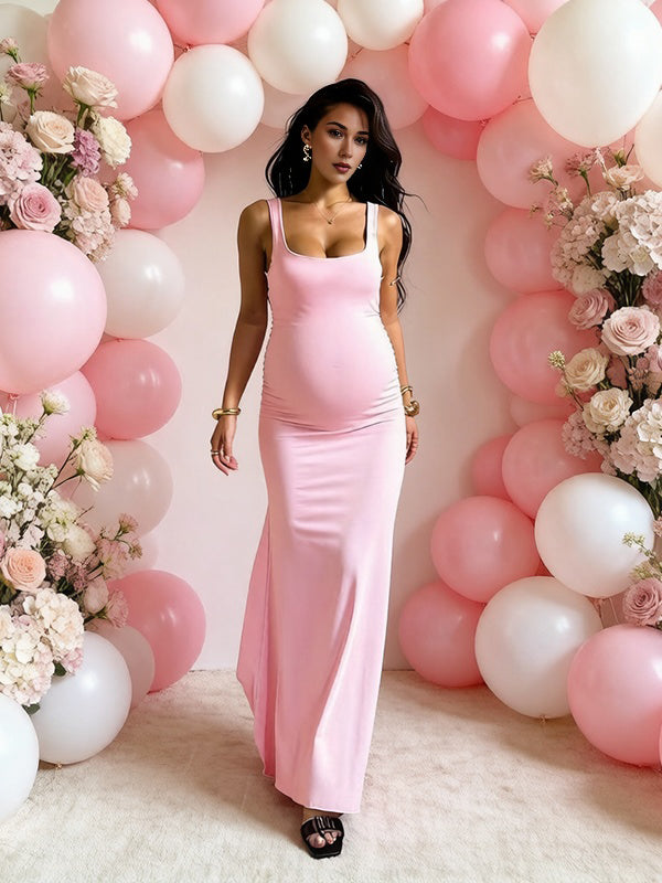 Momyknows Chic Pink Bodycon Backless Bow Baby Shower Maternity Maxi Dress