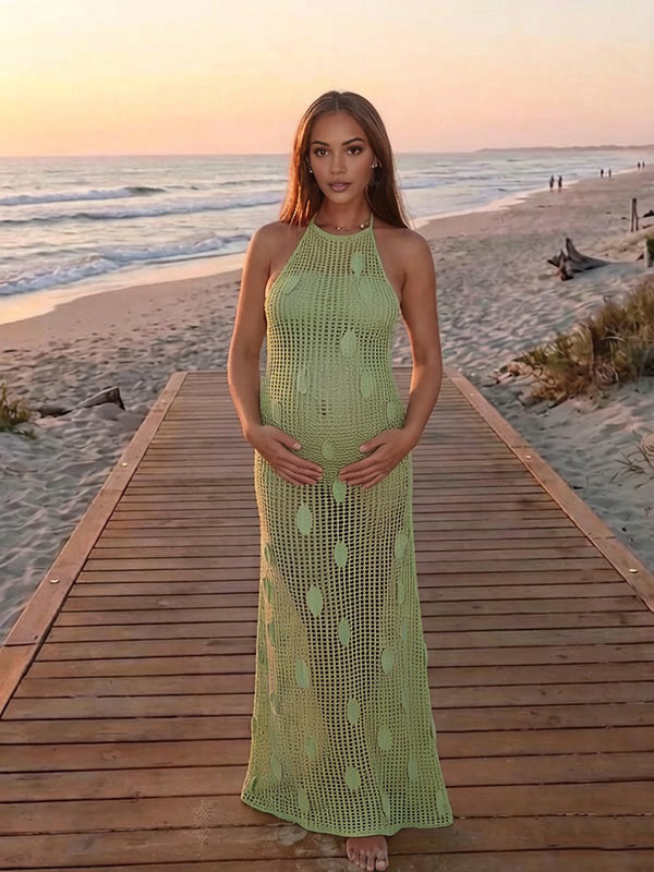 Momyknows Chic Green Leaves Hollow Out Crochet Backless Halter Neck Maternity Photoshoot Maxi Dress