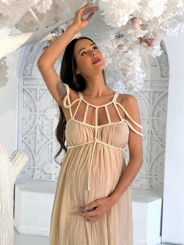 beige flowy maxi dress Formal Dresses for Women Elegant High Neck Sleeveless Fit and Flare Maxi Dress Stretchy Flowy Wedding Guest Evening Dress Beige L