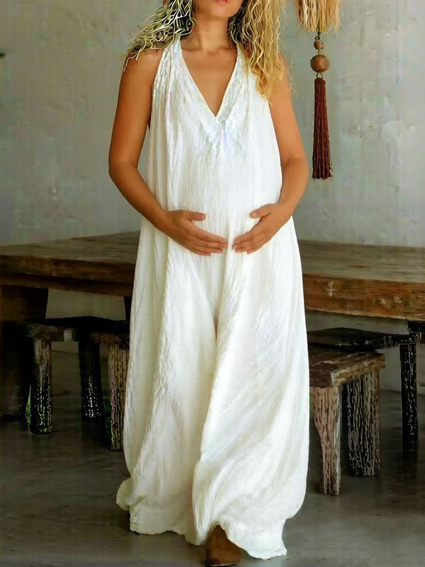 Momyknows Chic White Flowy Comfy Bohemian A-Line Vacation Maternity Maxi Dress, White / S