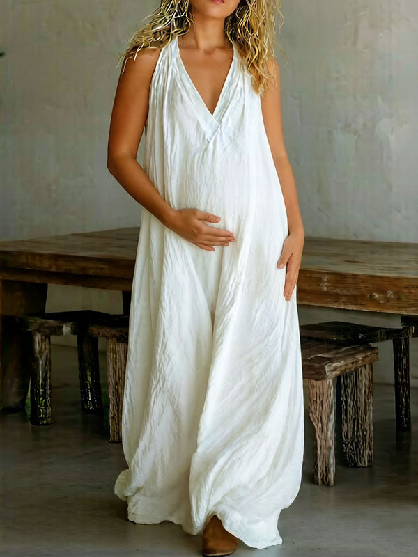 Momyknows Chic White Flowy Comfy Bohemian A-Line Vacation Maternity Maxi Dress Momyknows Chic White Flowy Comfy Bohemian A-Line Vacation Maternity Maxi Dress