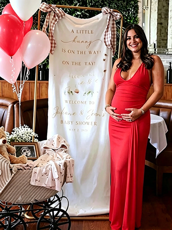 Momyknows Elegant Red Side Draped Ruffle Mermaid Halter Neck Side Slit Maternity Baby Shower Maxi Dress