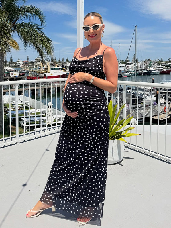 Momyknows Chic Black Grenadine Spaghetti Straps Bodycon Polka Dot Holiday Maternity Maxi Dress
