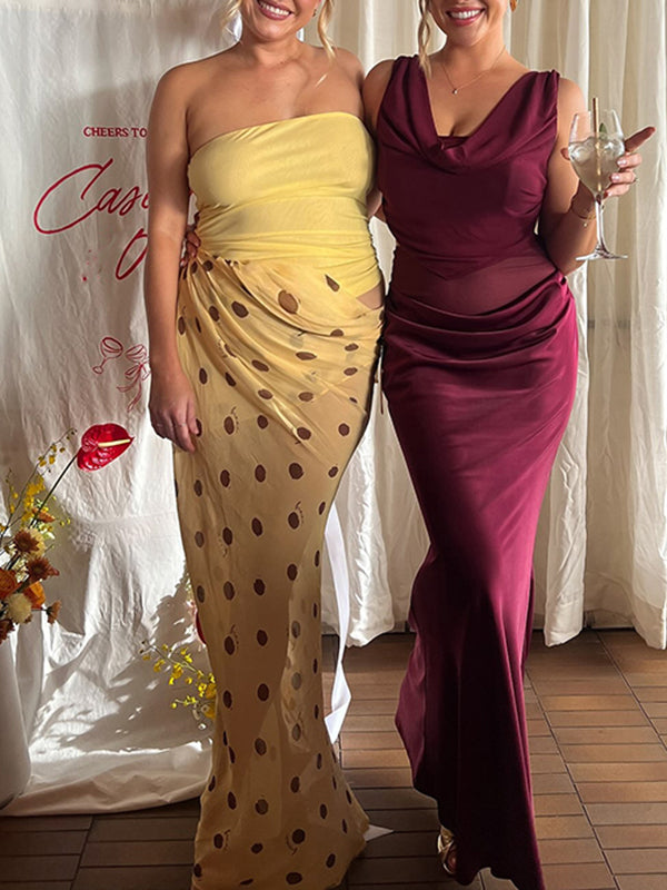 Momyknows Chic Yellow Ruffle Bandeau Lace-Up Midriff Polka Dot Baby Shower Maternity Maxi Dress