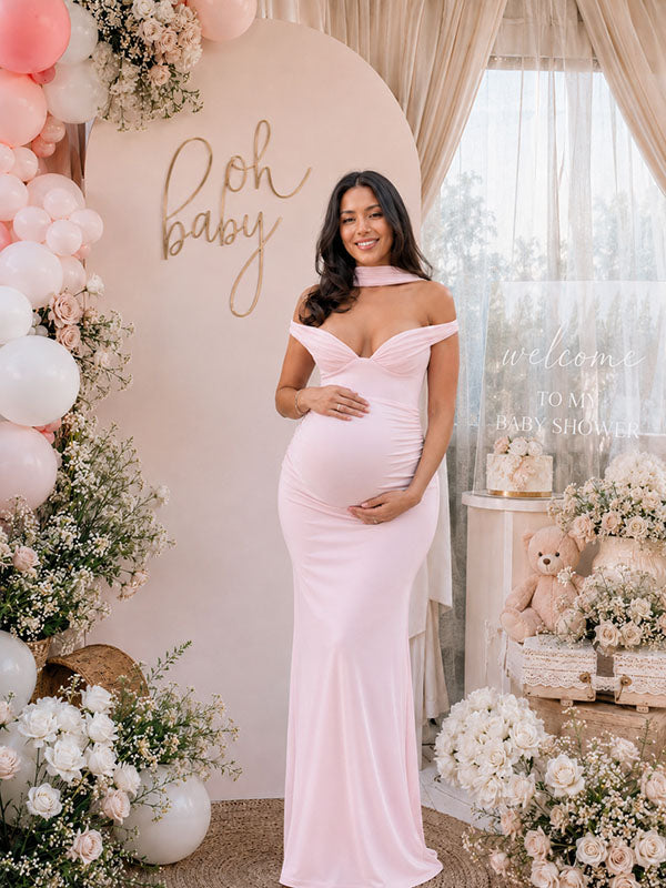 Momyknows Chic Pink Off Shoulder Bodycon Ruffle Sashes Baby Shower Maternity Maxi Dress