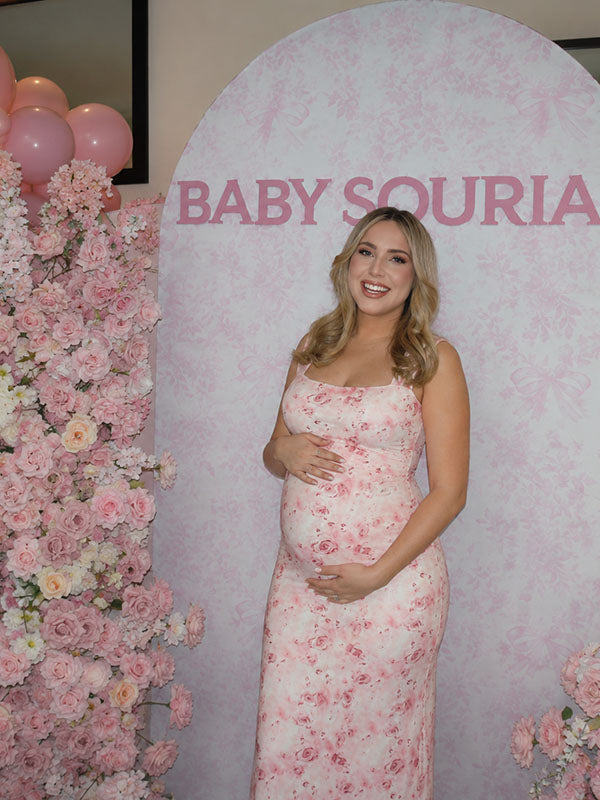 Momyknows Elegant Pink Bodycon Grenadine Spaghetti Strap Ruffle Floral Baby Shower Maternity Maxi Dress