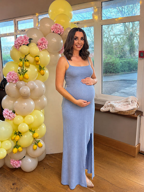 Momyknows Elegant Blue Spaghetti Straps Bodycon Side Slit Backless Lace-Up Crochet Baby Shower Maternity Maxi Dress