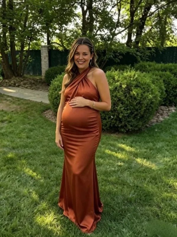 Momyknows Elegant Brown Halter Neck Backless Mermaid Maternity Maxi Dress, Brown / L