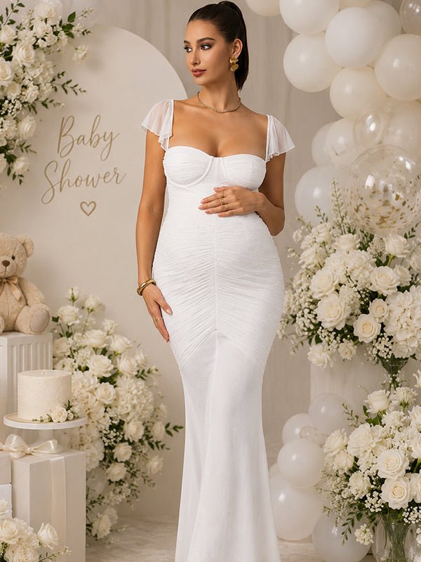 Momyknows Elegant White Bodycon Mermaid Ruched Falbala Baby Shower Maternity Maxi Dress, White / M