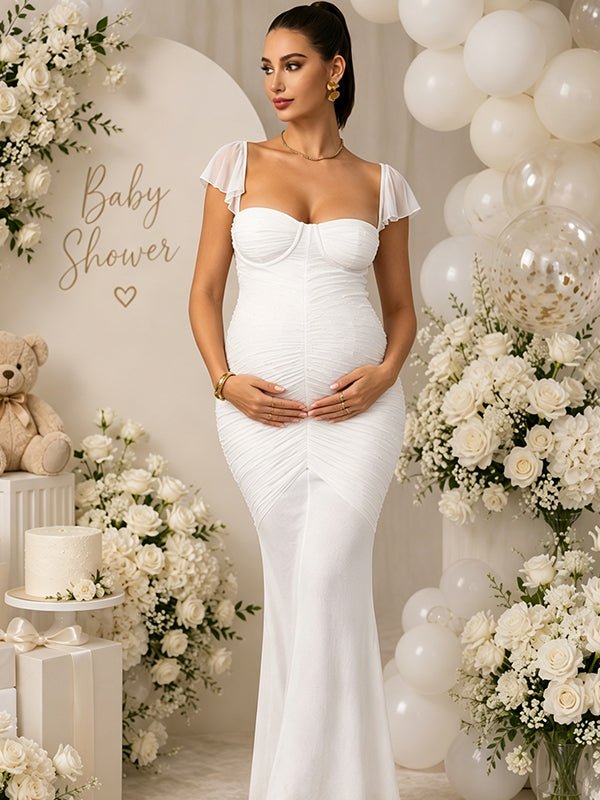 Momyknows Elegant White Bodycon Mermaid Ruched Falbala Baby Shower Maternity Maxi Dress