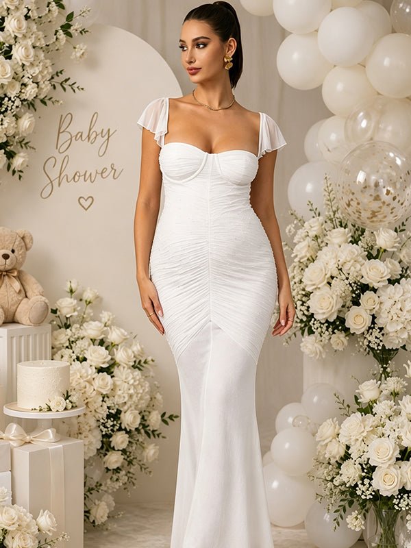 Momyknows Elegant White Bodycon Mermaid Ruched Falbala Baby Shower Maternity Maxi Dress