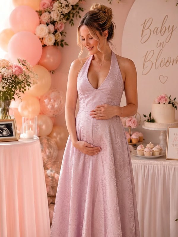 Momyknows Elegant Pink Halter Neck Lace-Up A-Line Floral Maternity Baby Shower Maxi Dress, Pink / S