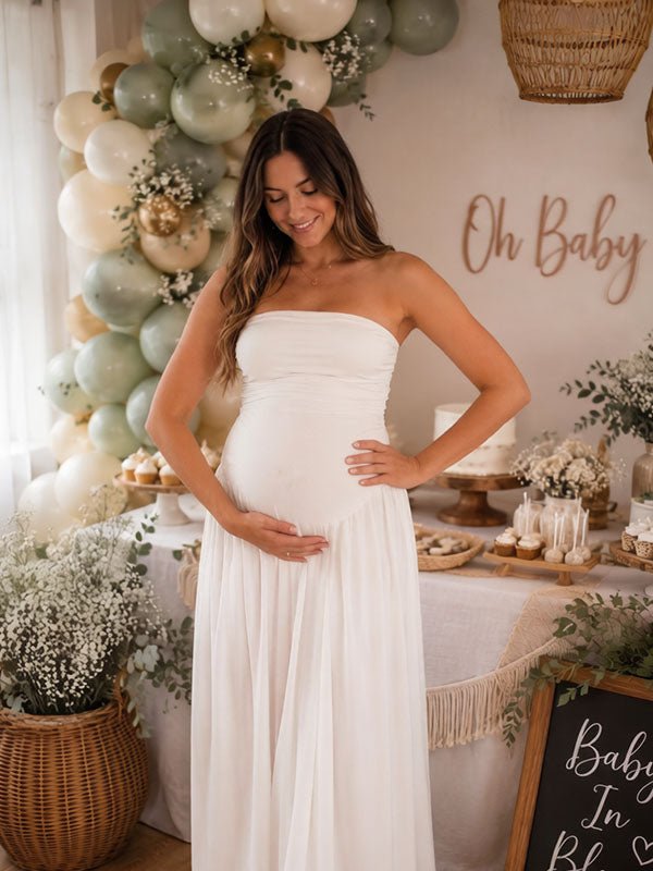 Momyknows Elegant Side Slit Bandeau Ruched Baby Shower Maternity Maxi Dress, Blue / 2XL