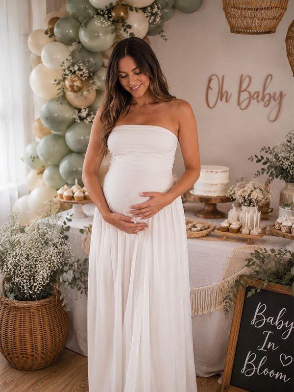 ruched maternity dress Maya Bodycon in Baby Pink XS long sheer sleeves and a floor Momyknows Elegant Side Slit Bandeau