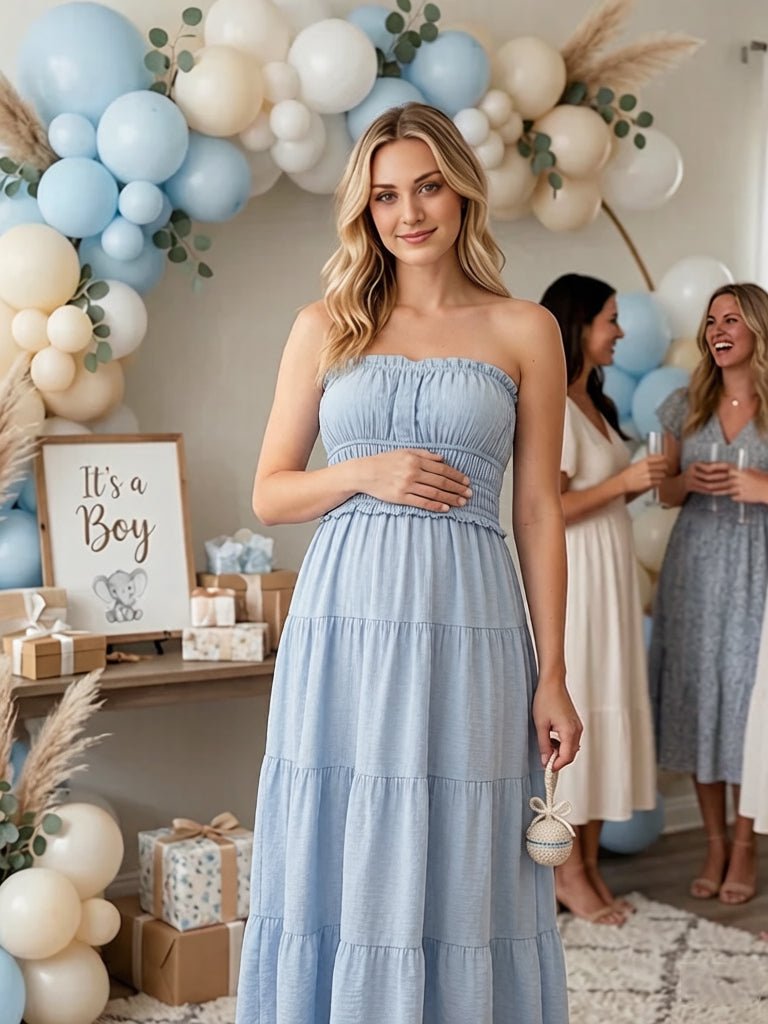 Momyknows Elegant Blue Bandeau Shirring A-Line Flowy Baby Shower Maternity Maxi Dress