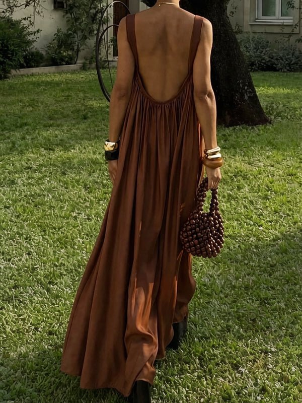 Momyknows Boho Vacation Brown Backless Condole Belt Flowy Photoshoot Maternity Maxi Dress - Brown - 4