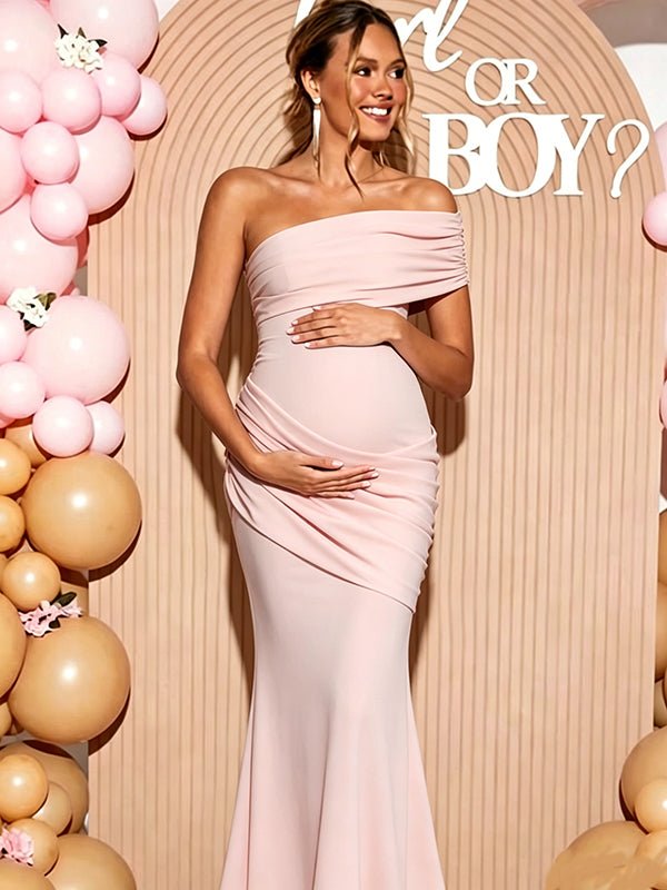 Momyknows Elegant Oblique Shoulder Ruched Bodycon Mermaid Tie Back Baby Shower Maternity Maxi Dress - Pink - 3