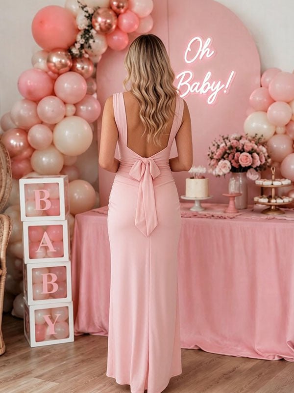 Momyknows Elegant Bodycon Side Slit Backless Lace-Up Baby Shower Maternity Maxi Dress, Blue / L