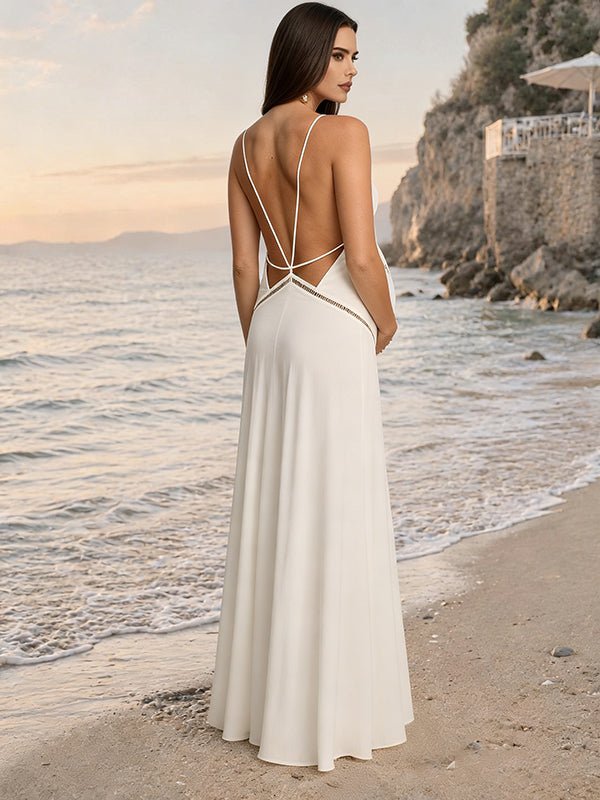 Momyknows Boho White Backless Tie Back A-Line Flowy Vacation Beach Maternity Maxi Dress, White / S