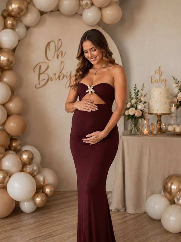 Momyknows Brown Bodycon Bandeau Side Slit Backless Studded Baby Shower Maternity Maxi Dress