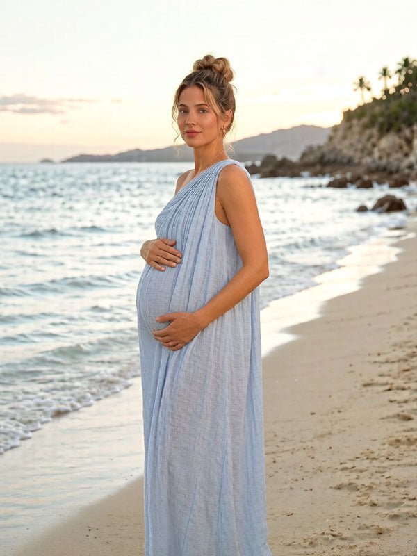 Momyknows Chic Oblique Shoulder Flowy Ruched Vacation Maternity Maxi Dress, Pink / S