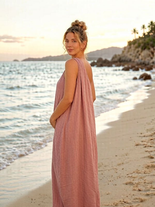 Momyknows Chic Oblique Shoulder Flowy Ruched Vacation Maternity Maxi Dress, Pink / S
