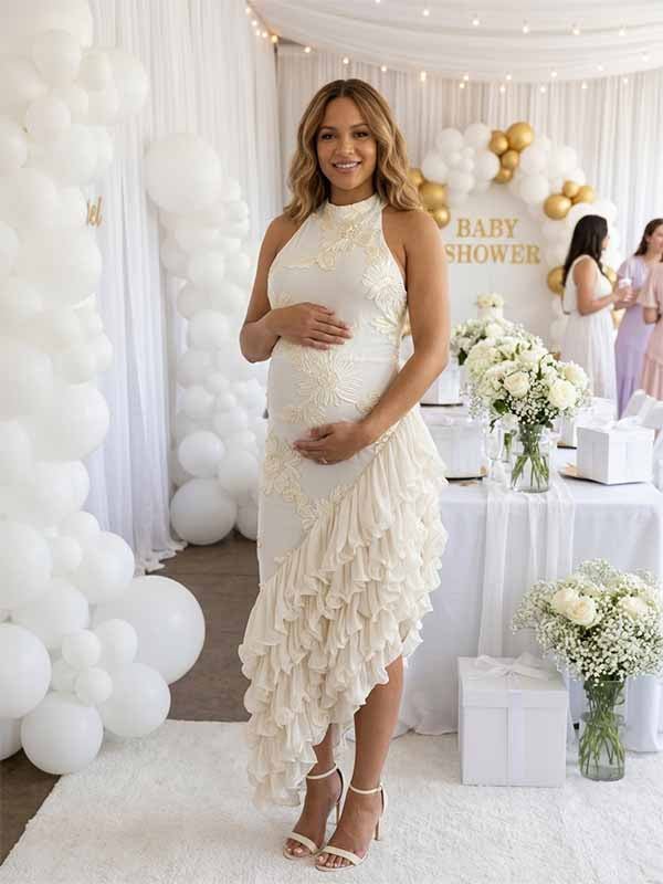 Momyknows Chic White Floral Embroidery Layers Of Lettuce Edge Irregular Bodycon Baby Shower Maternity Maxi Dress - White - 1
