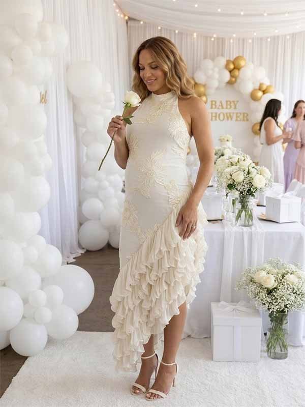 Momyknows Chic White Floral Embroidery Layers Of Lettuce Edge Irregular Bodycon Baby Shower Maternity Maxi Dress - White - 2