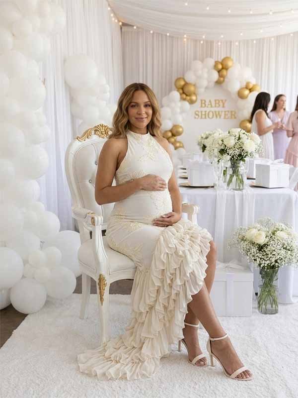 Momyknows Chic White Floral Embroidery Layers Of Lettuce Edge Irregular Bodycon Baby Shower Maternity Maxi Dress - White - 3