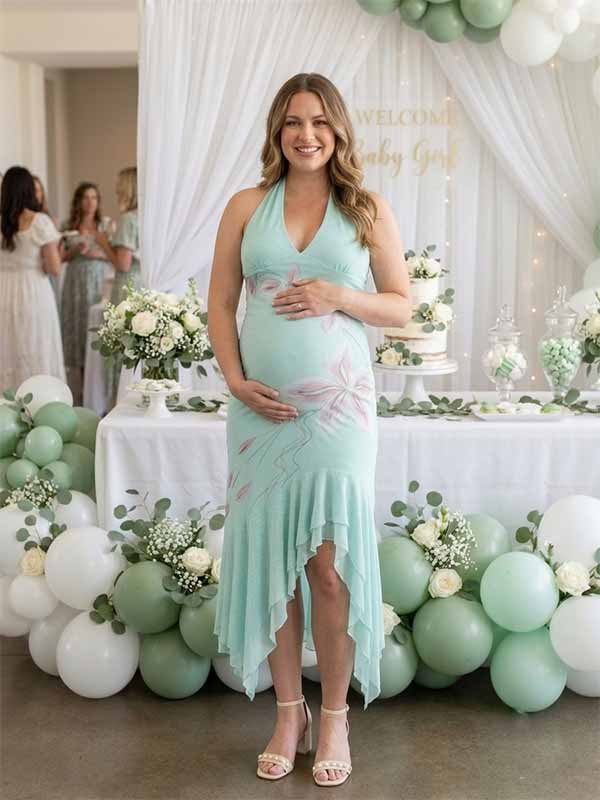 Momyknows Chic Green Floral Layers Of Falbala Irregular Backless Bodycon Baby Shower Maternity Maxi Dress - Green - 2