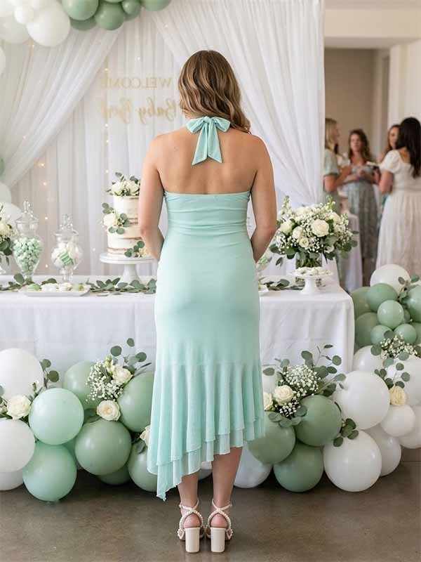 Momyknows Chic Green Floral Layers Of Falbala Irregular Backless Bodycon Baby Shower Maternity Maxi Dress - Green - 3