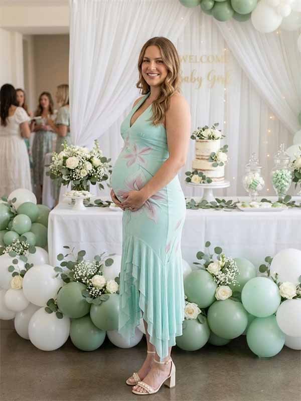 Momyknows Chic Green Floral Layers Of Falbala Irregular Backless Bodycon Baby Shower Maternity Maxi Dress - Green - 4