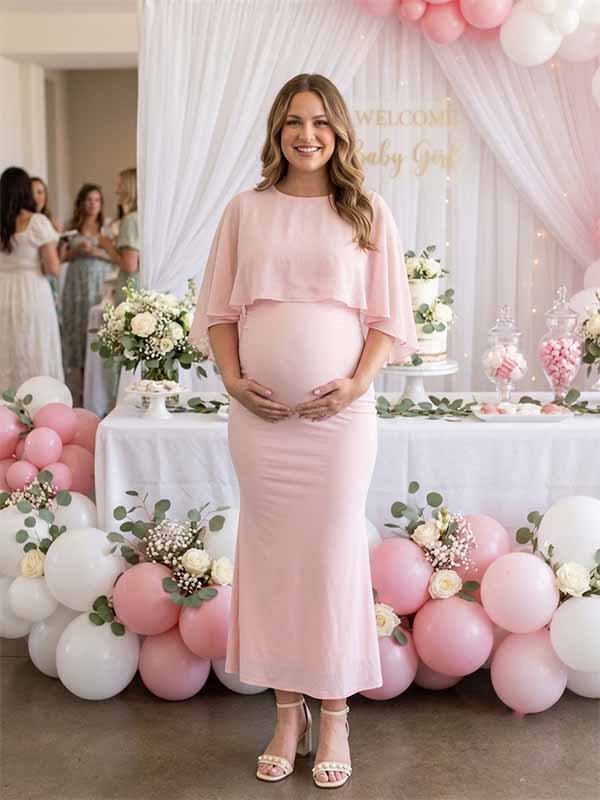 Momyknows Elegant Pink Mesh Cape Patchwork Bodycon Baby Shower Maternity Maxi Dress - Pink - 1
