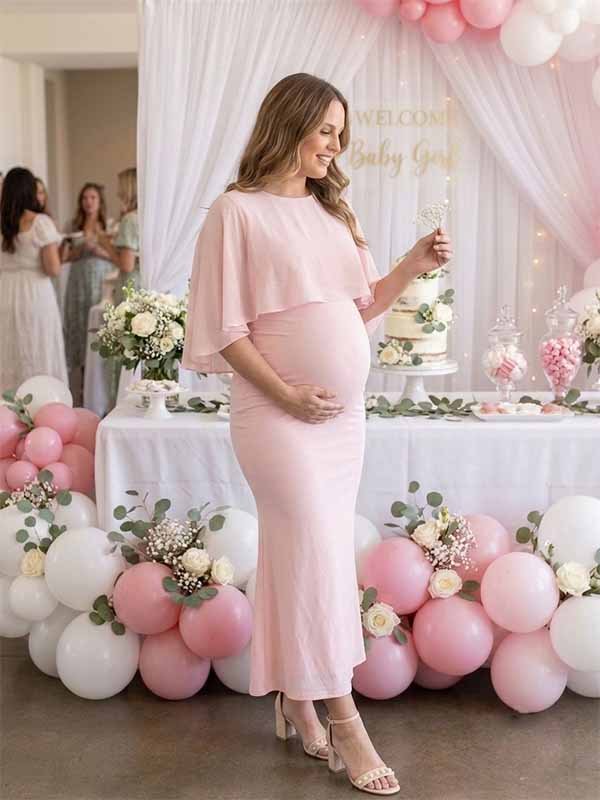 Momyknows Elegant Pink Mesh Cape Patchwork Bodycon Baby Shower Maternity Maxi Dress - Pink - 2