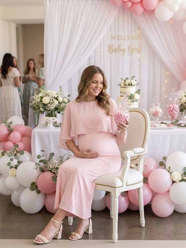Momyknows Elegant Pink Mesh Cape Patchwork Bodycon Baby Shower Maternity Maxi Dress - Pink - 3