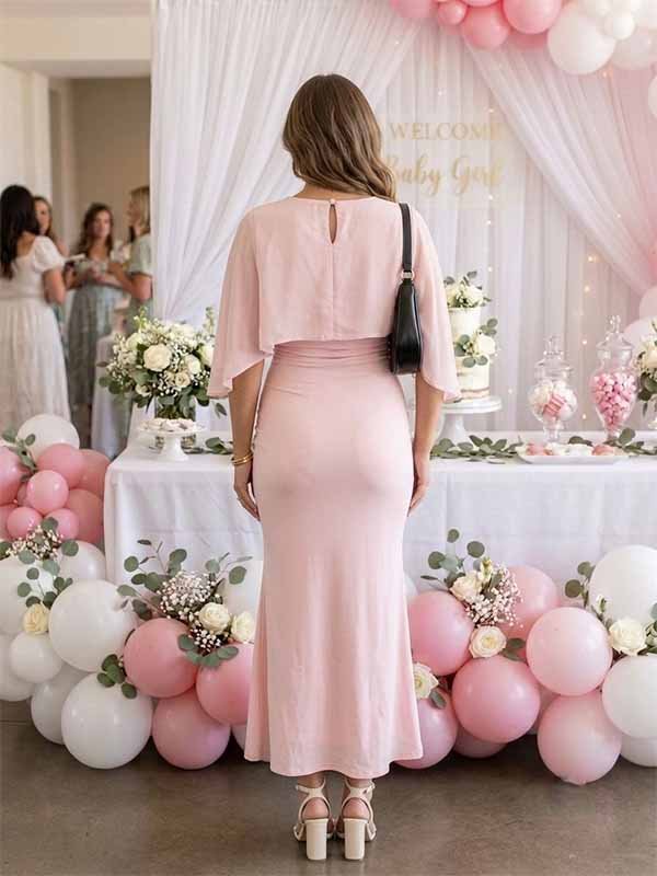 Momyknows Elegant Pink Mesh Cape Patchwork Bodycon Baby Shower Maternity Maxi Dress - Pink - 4