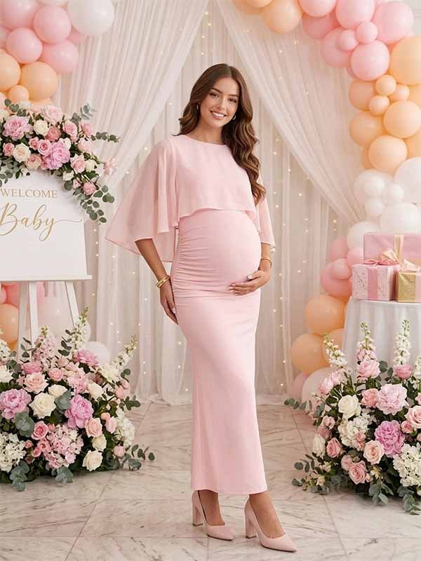 Momyknows Elegant Pink Mesh Cape Patchwork Bodycon Baby Shower Maternity Maxi Dress - Pink - 5