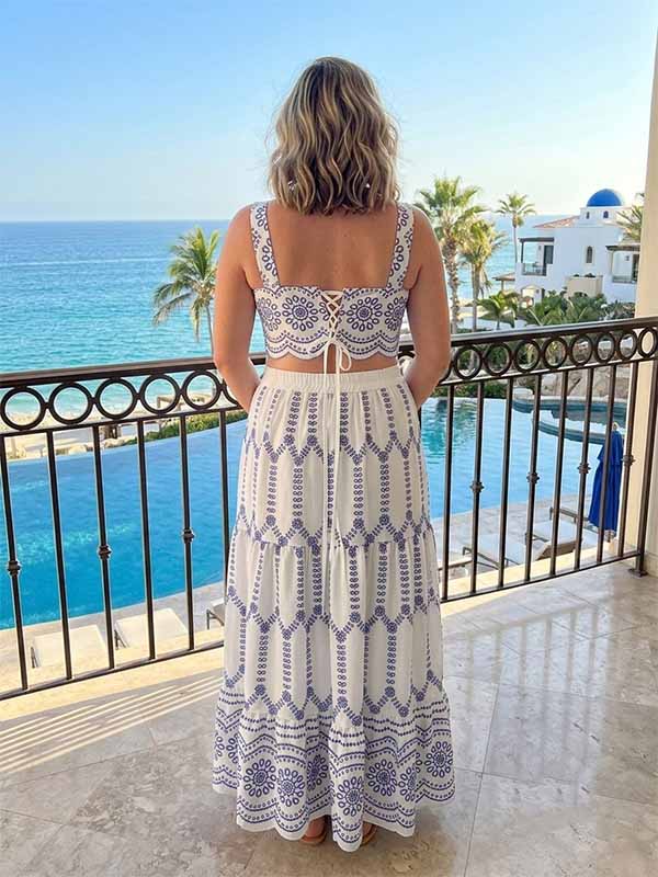 Momyknows Chic Photoshoot 2-in-1 Tie Back Wavy Edge Tribal Floral Vacation Maternity Maxi Dress - Blue - 2