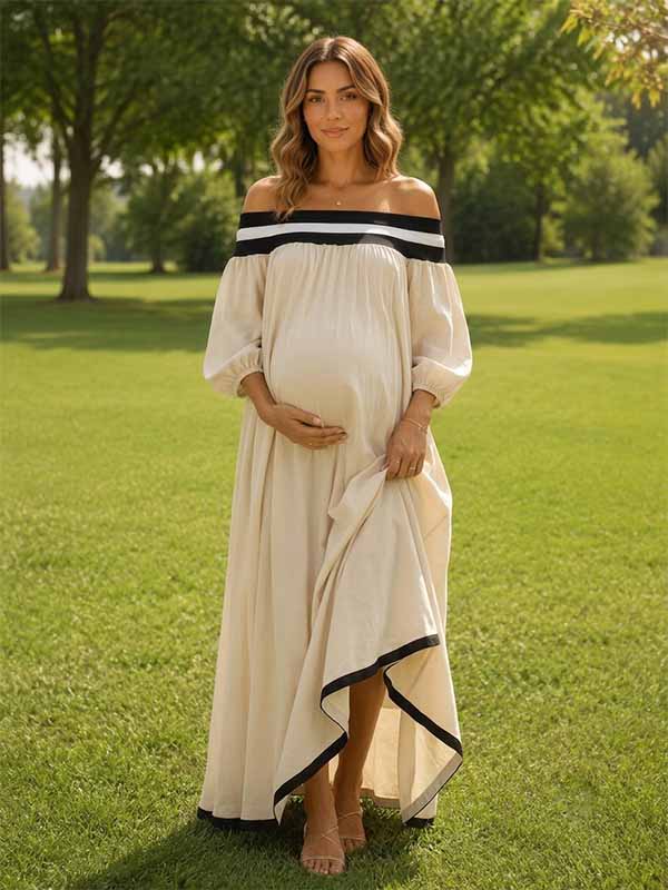 Momyknows Boho Vacation Beige Color Blocking Outline Off Shoulder Flowy Photoshoot Maternity Maxi Dress - Beige - 2